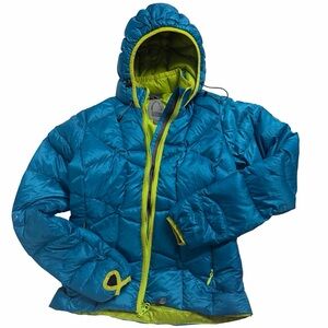 Sierra Designs Goose/Feather Down Hooded Coat
Women’s X-Small
Blue & Lime Green